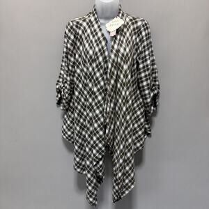 Knox Rose Size Medium Plaid Shawl Cardigan Fringe Bottom Jacket 3/4 Sleeves NWT